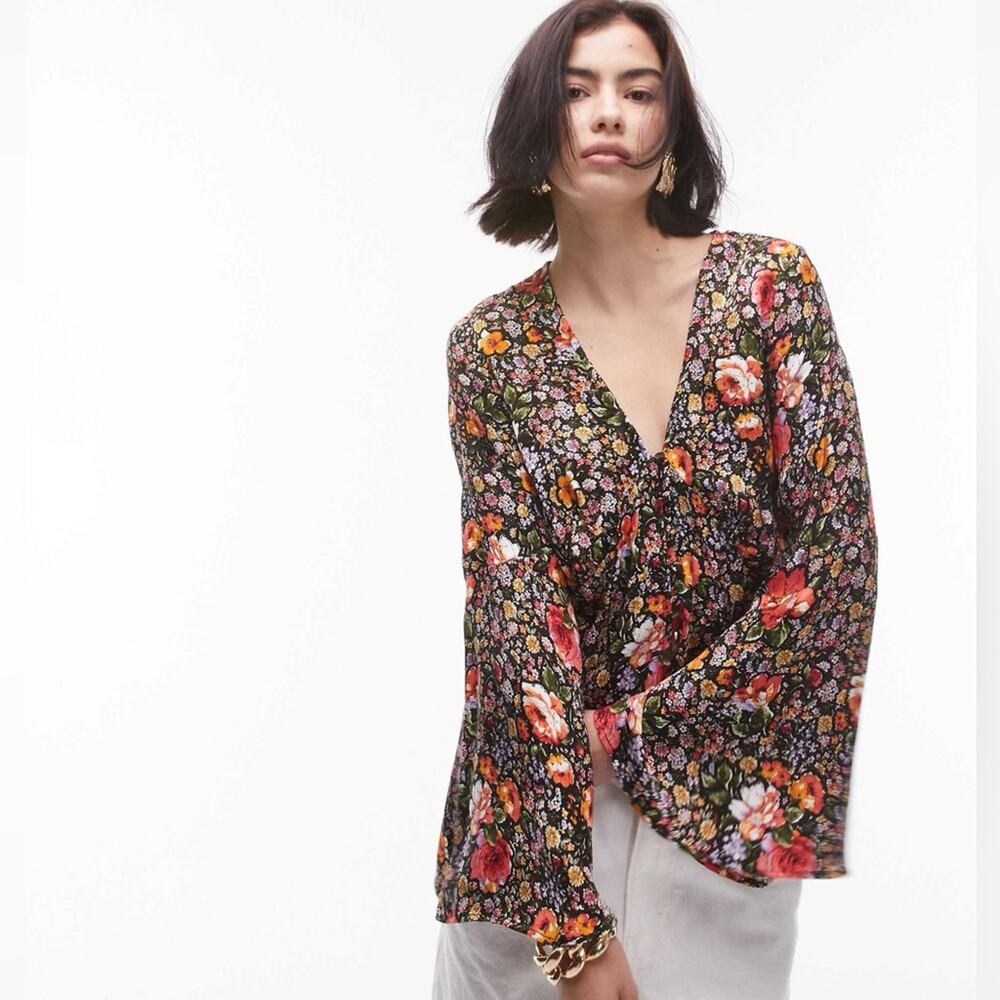 Topshop NWT Women's jacquard button front flute sleeve blouse 10
